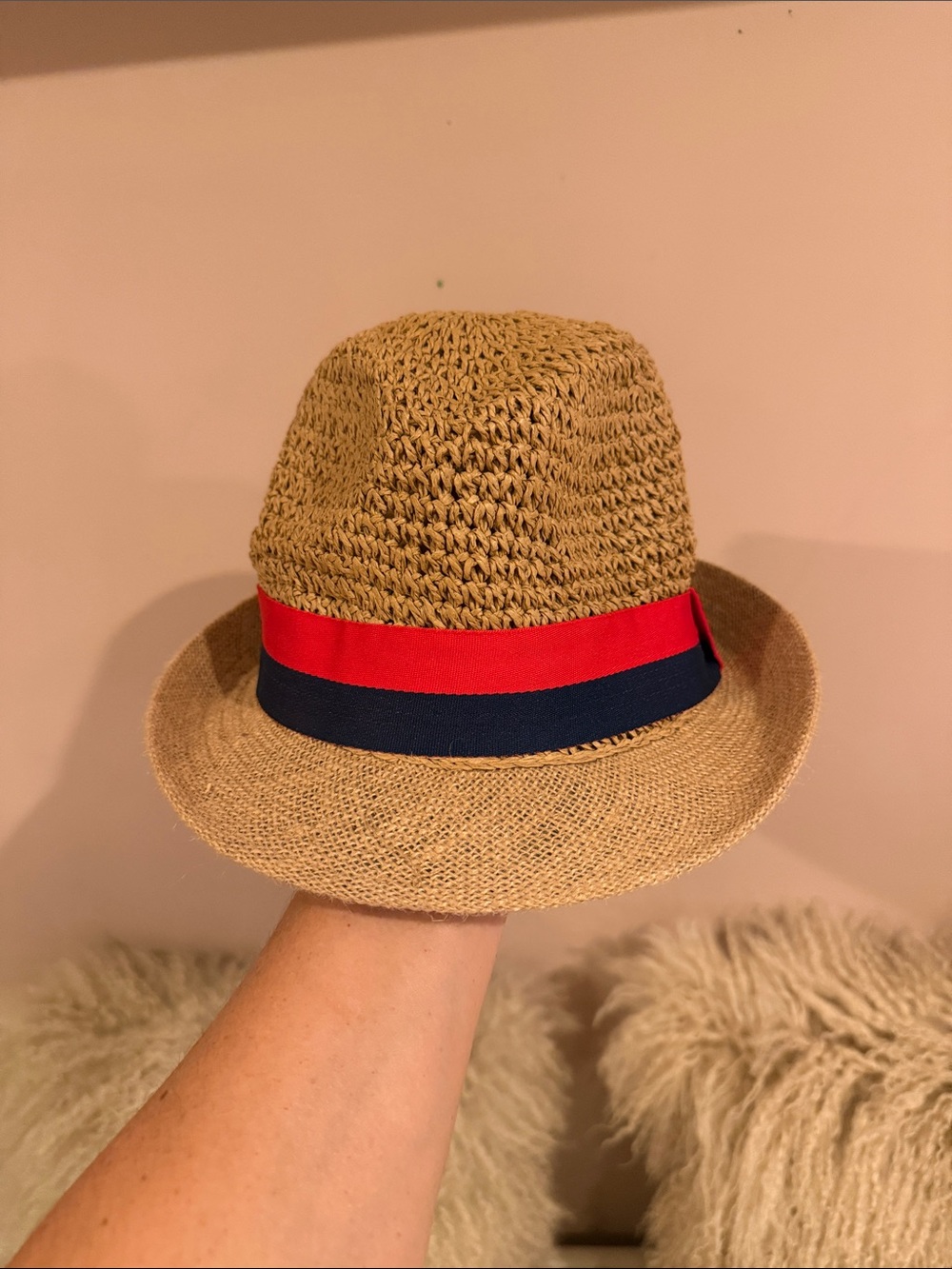Steve Madden Tan Straw Fedora with Red and Navy Band
